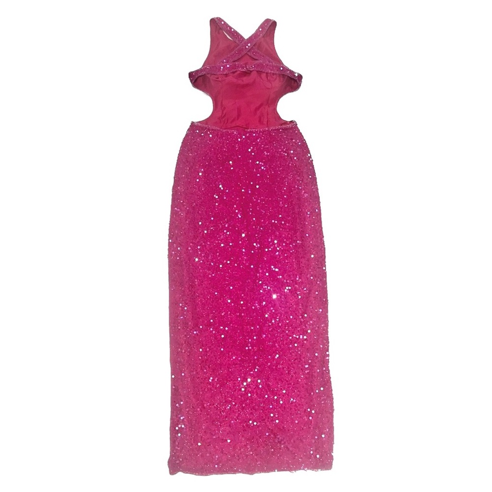SCALA Vintage 1980’s Hot Pink Silk Sequin Beaded Backless Gown, size small - Picture 6 of 13